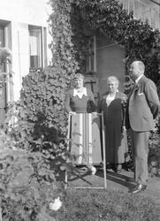 To kvinner og en mann i hagen hos Lyng Olsen i Parken. Krage