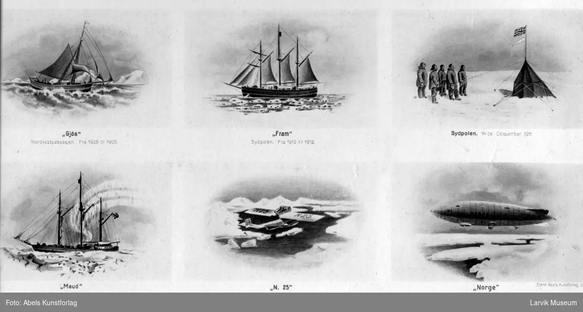 Fotomontasje, Roald Amundsen, polarfartøy, Maud, Gjøa, Fram og luftskipet Norge.