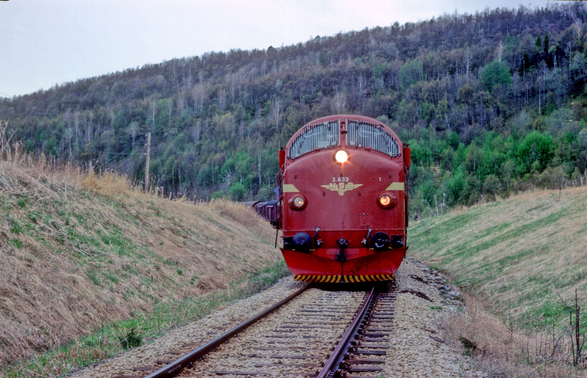 Godstog 5772 (Bodø - Trondheim) ved innkjørsignalet til Fauske stasjon. Toget venter på grønt lys. NSB Dieselelektrisk lokomotiv Di 3 632.