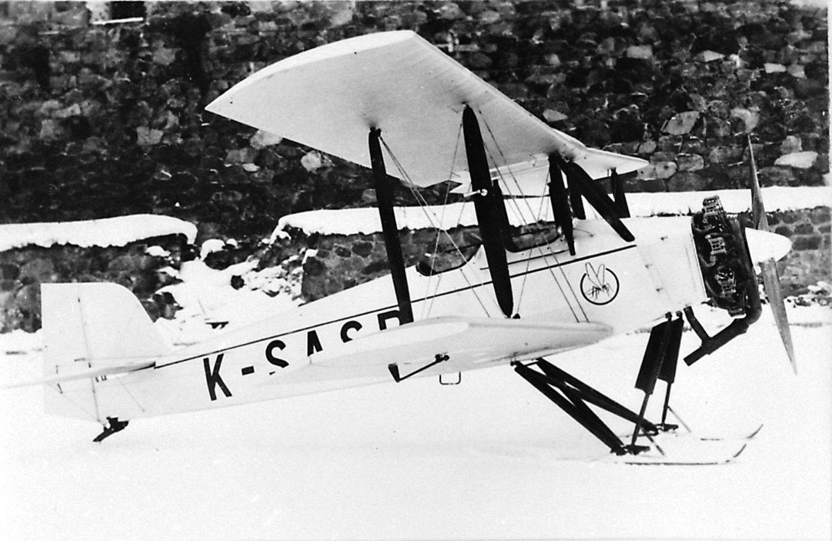 Fly, propellfly, dobbeldekker, Sääski II. Flyet med skiunderstell, står på bakken. Snø. Logo av "innsekt" foran på flyet.