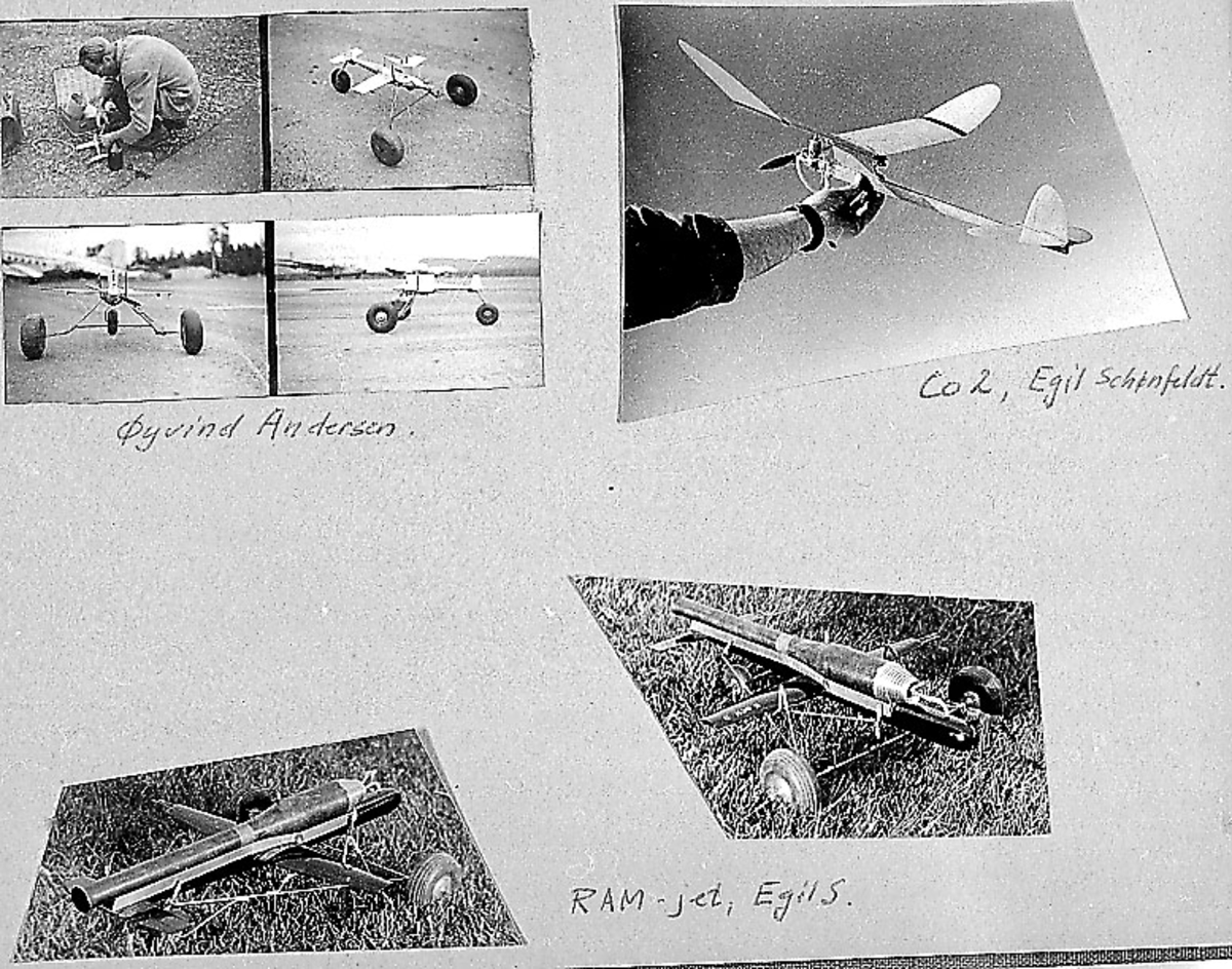 Fra album. 4 foto av modellfly med div. utstyr. Noen personer.
