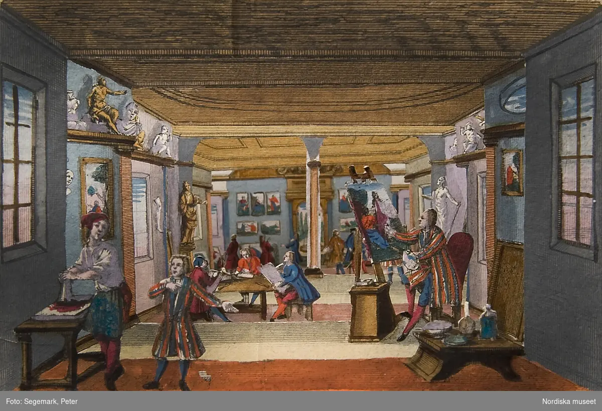 Tittskåpsbilder med motiv från ett torg, ett kaffehus, en vinkällare och en konstnärsateljé. 1700-talets andra hälft. Nordiska museet inv nr 301659.