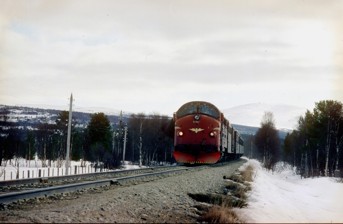 Rørosbanens dagtog, Ht 301, ved Stattene nord for Røros (Stattene = Stadtende, altså bygrense på tysk). Her var det opprinnelig sporveksel for sidelinjen inn til Røros. NSB dieselelektrisk lokomotiv Di3a 617. I bakgrunnen Hummelfjell med Gråhøgda.