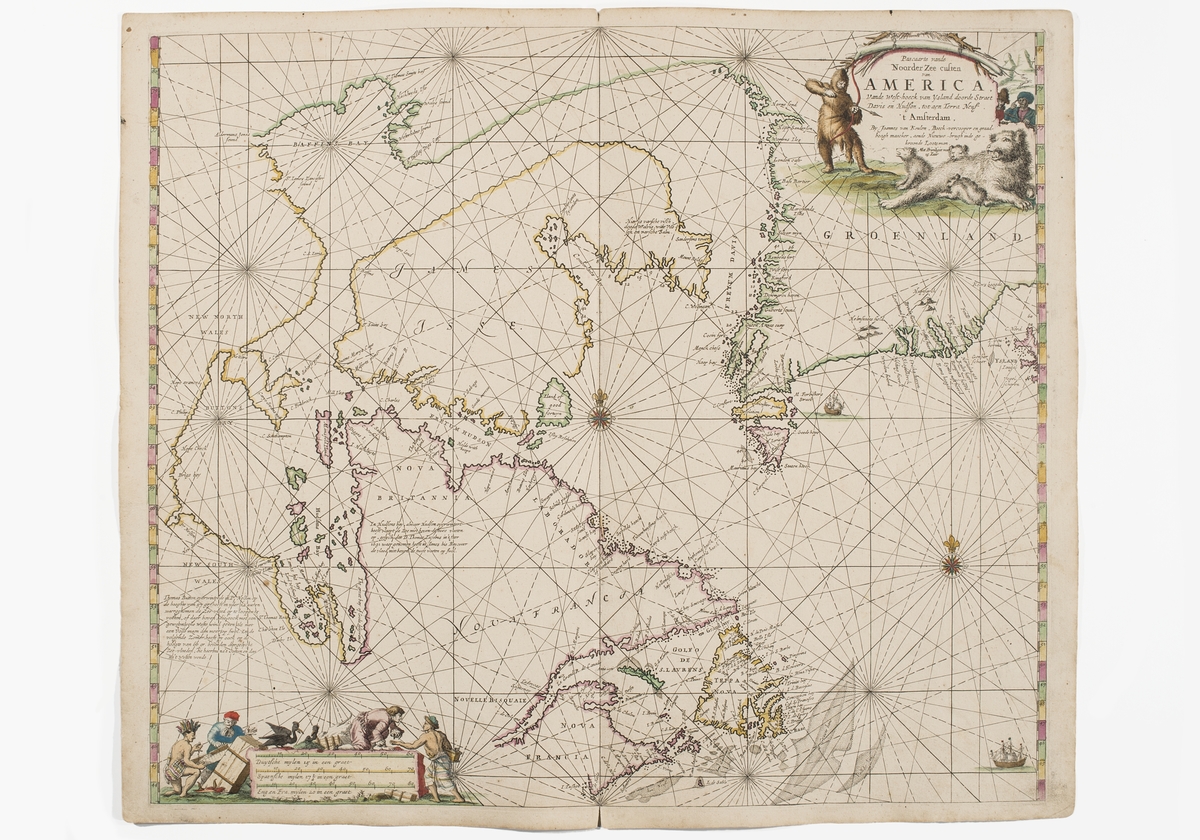 Sjökort över Nordamerika. På kortet visas Grönland, James Isle, Baffin bay, Nova Britannia och Nova Francia.

I nedre vänstra hörnet syns en man med fjädrar som troligen ska föreställa en nordamerikansk indian som öppna en låda tillsammans med en annan man klädd i röd mössa och blå dräkt. Två andra män samtalar med varandra. I övre högra hörnet syns en man i pälskläder spänna en båge mot en isbjörn med tre ungar.