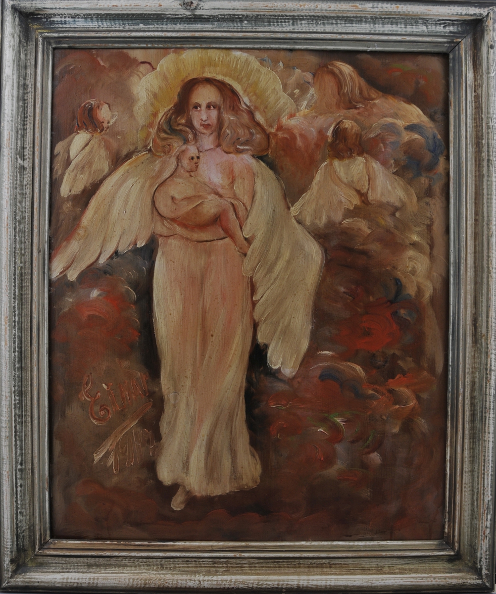 Motiv av madonna med barnet og to englar som svevar rundt, i duse gulrosa fargar.