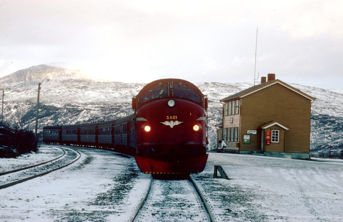 Sørgående dagtog på Nordlandsbanen på Lønsdal stasjon med NSB dieselelektrisk lokomotiv Di 3 621.