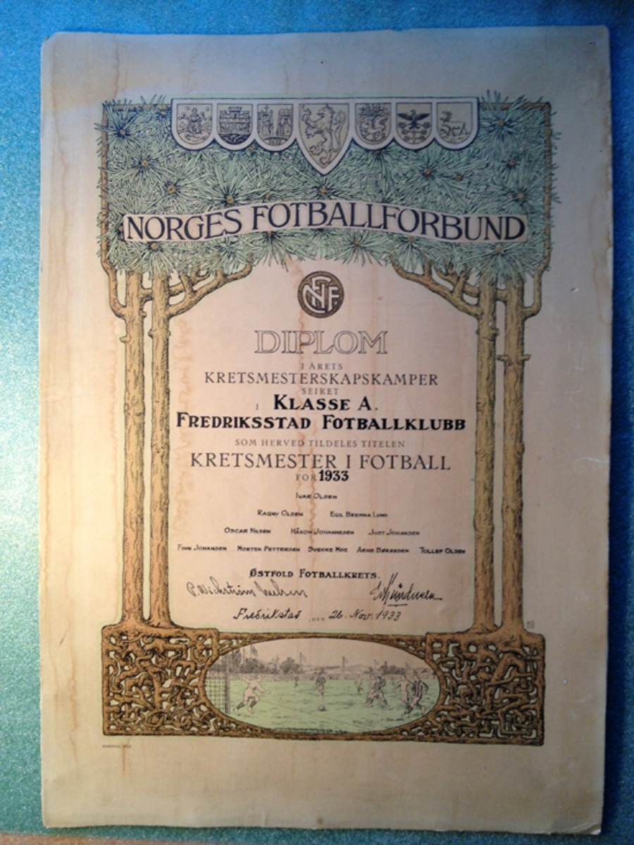 Diplom for at Fredriksstad Fotballklubb har blitt kretsmester i fotball for 1933.