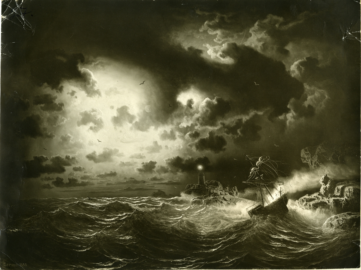 Brinnande ångbåt.
Oljemålning 1858.
Storlek 146 x 197 cm.