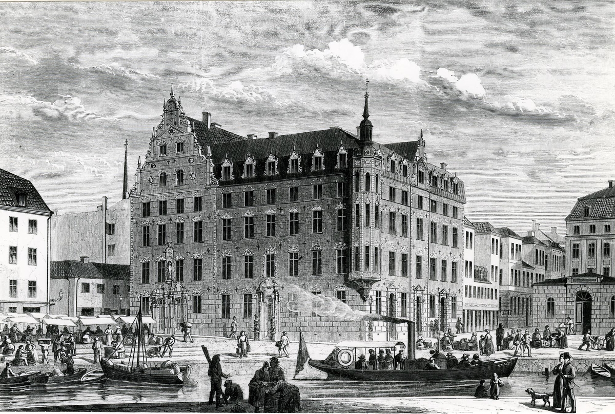 Foto i svartvitt visande träsnitt från Riddarholmskanalen i Stockholm omkring 1870. (Passagerar-fartyget ev. tillhört Bockholms Ångfartygs AB).[knappast troligt, föreställer mindre hamnångslup]