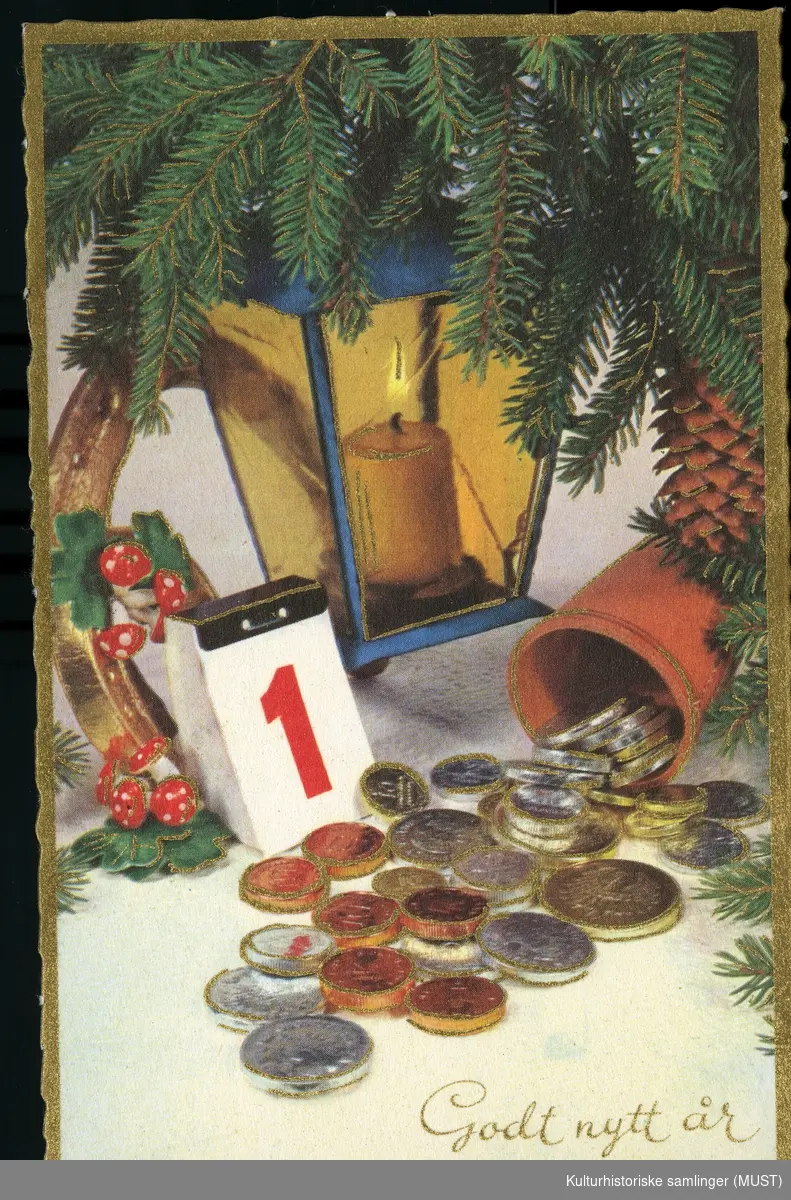 Jule og nyttårskort solgt fra Hustvedt.
juledekorasjon med kalenderlapp 1. Penger og lykt
Godt nyttår