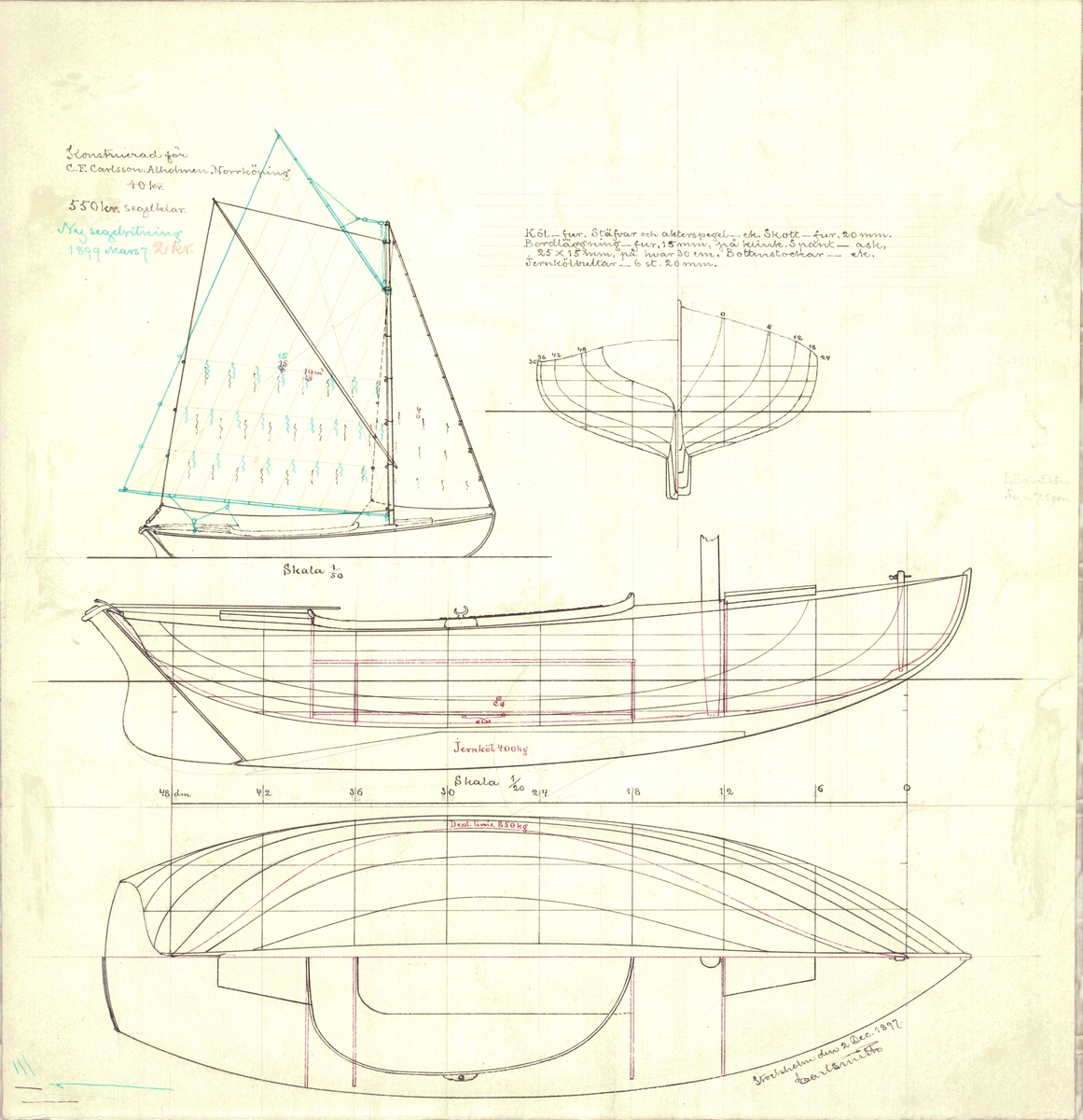 Skiss; plan och profil, spantruta och segelplan