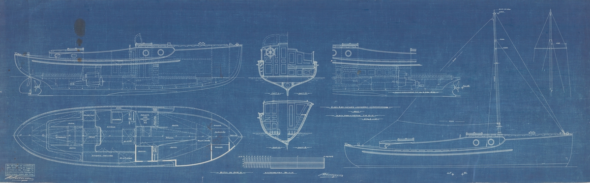 Ritning till utomskärsmotorkryssare ritad av C G Pettersson.
Inredningsritning i plan, profil och sektioner, segelritning