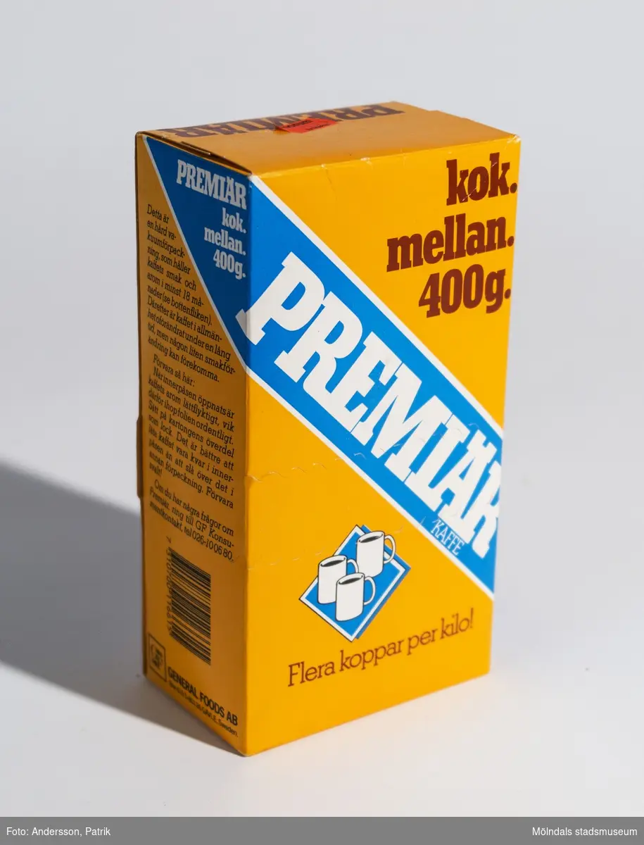 Orange och blå förpackning Premiär Kaffe, 400 g.
Tillverkad före 1986.