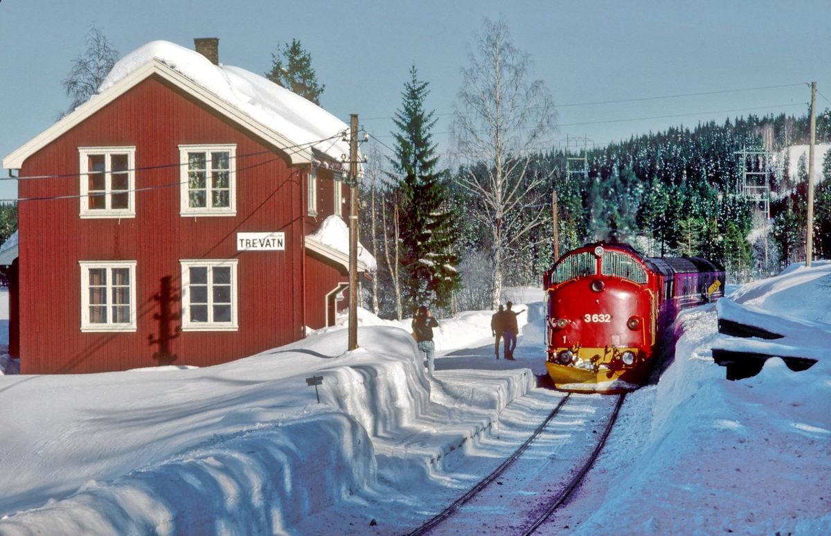 Persontog 281 (Oslo S - Fagernes) stopper på Trevatn holdeplass, Valdresbanen. NSB dieselelektrisk lokomotiv Di 3 632.