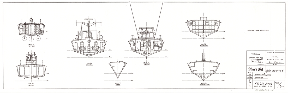 23 meters v-båt.
Sammanställningsritning sidovy,däcksplan, sektion i fart, inredningsplan och sektioner