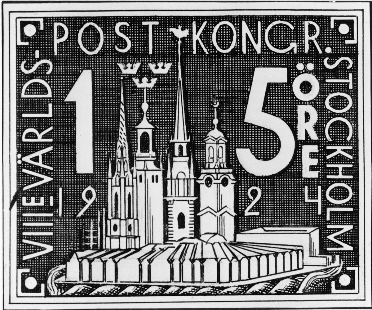Förslagsskiss till frimärket "Gamla stan i Stockholm" för Världspostkongressen i Stockholm 1924 av Ture Tideblad.