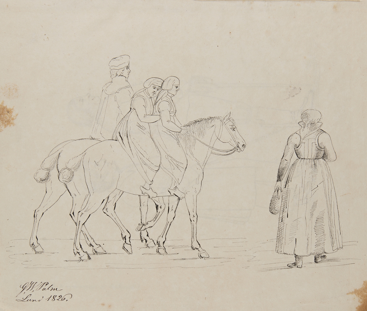 Lund 1826. Stadsbild, kvinnor o man till häst samt en gående kvinna bakifrån. Baksida två män med käppar . Tuschteckningar av G.W Palm