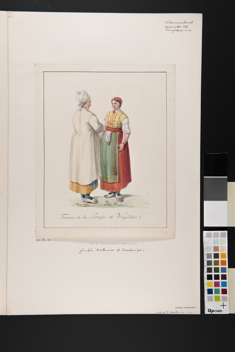Dräkt. "Femmes de la Paroisse de Wingåker"  Två kvinnor i dräkt. Akvarell i storformat av C.W. Swedman.
