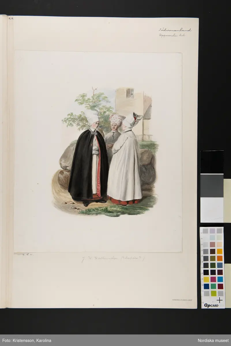 Dräkt. Tre kvinnor i samtal på en väg. Akvarell i storformat av J.W. Wallander (kopia?)