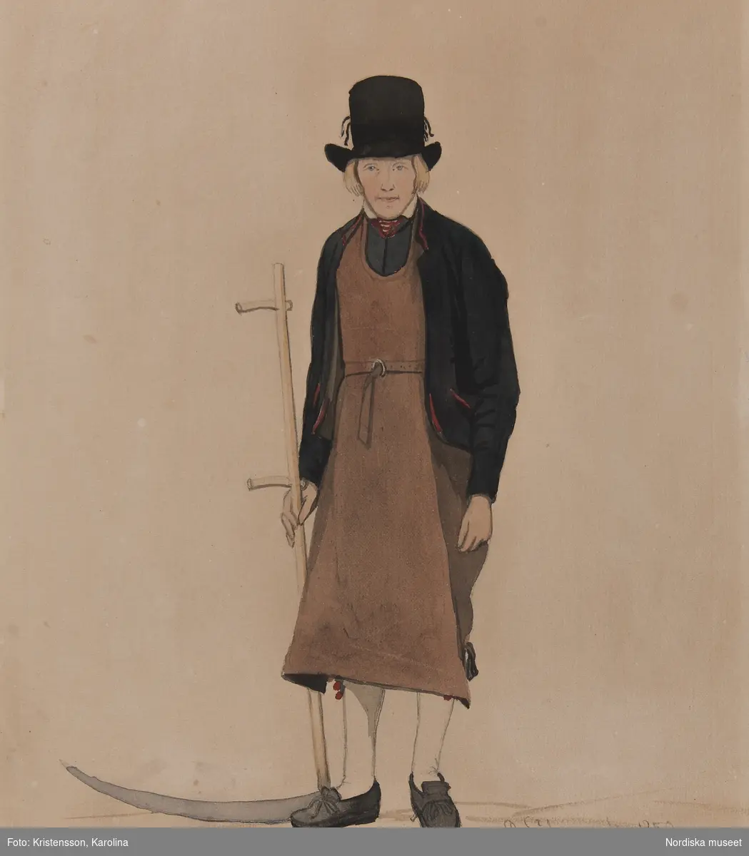 Man med lie, Jons Calle i Leksands Noret, Akvarell av P. Södermark 1850