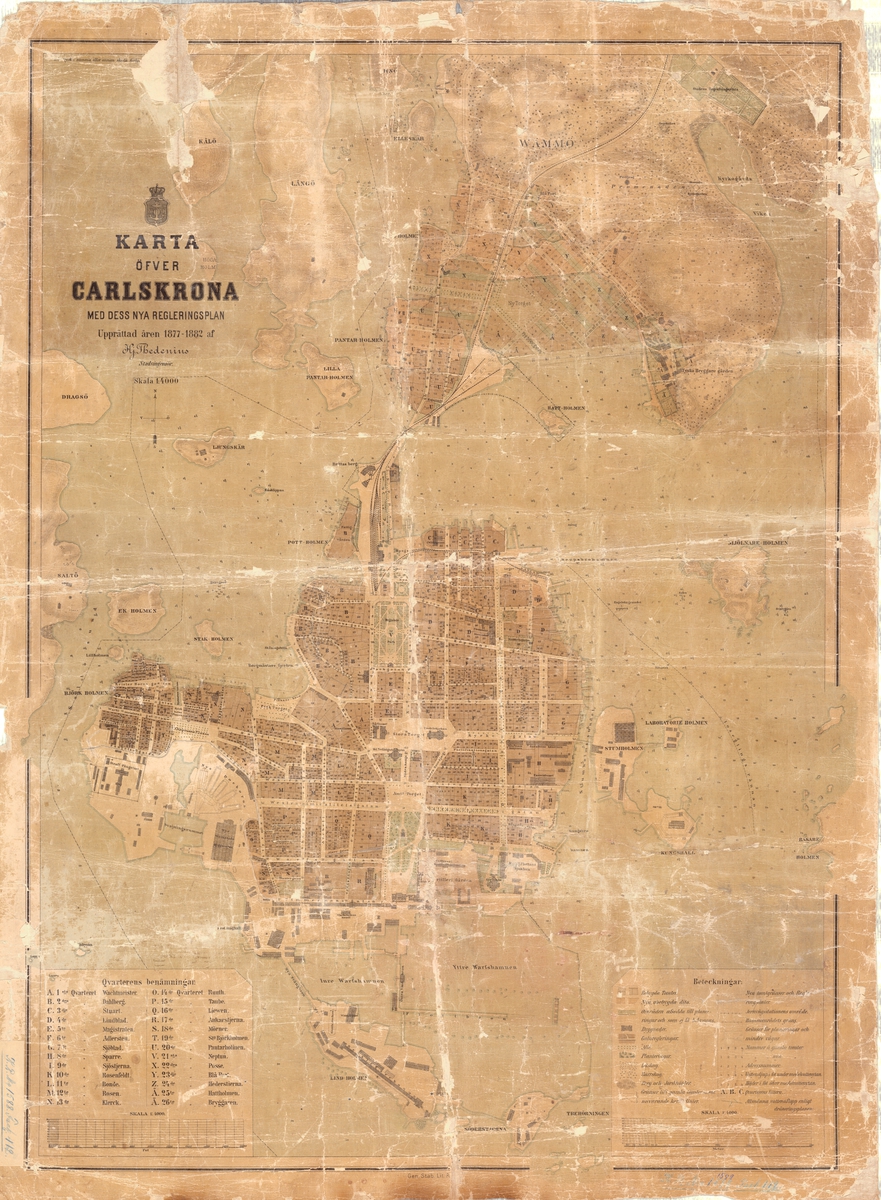 Karta över Karlskrona med dess nya regleringsplan, upprättad av stadsingenjör Hj. Thedenius.