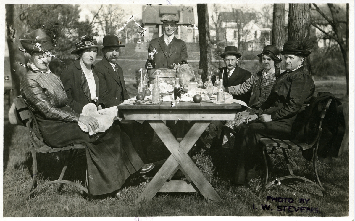 Tre menn og fire kvinner på picnic. De sitter ved et trebord under noen trær - med hus i bakgrunnen