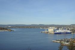 Utsikt fra Ekeberg, havn, fjord, panorama, Bjørvika, Barcode