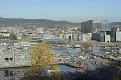 Utsikt fra Ekeberg, havn, fjord, panorama, Bjørvika, Barcode