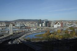 Utsikt fra Ekeberg, havn, fjord, panorama, Bjørvika, Barcode
