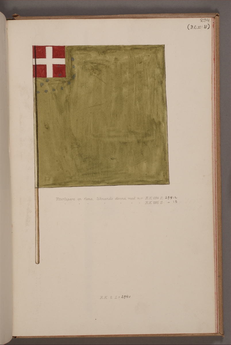 Avbildning i gouache föreställande fälttecken taget som trofé av svenska armén. Den avbildade fanan finns delvis bevarad i Armémuseums samling, för mer information, se relaterade objekt.
