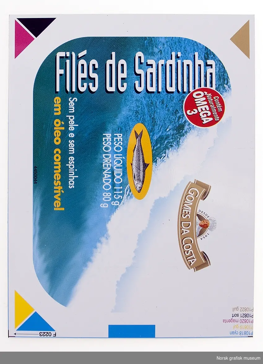 Blikktrykk på metallplate, lokk til en boks "Filés de Sardinha" (sardinfileter).