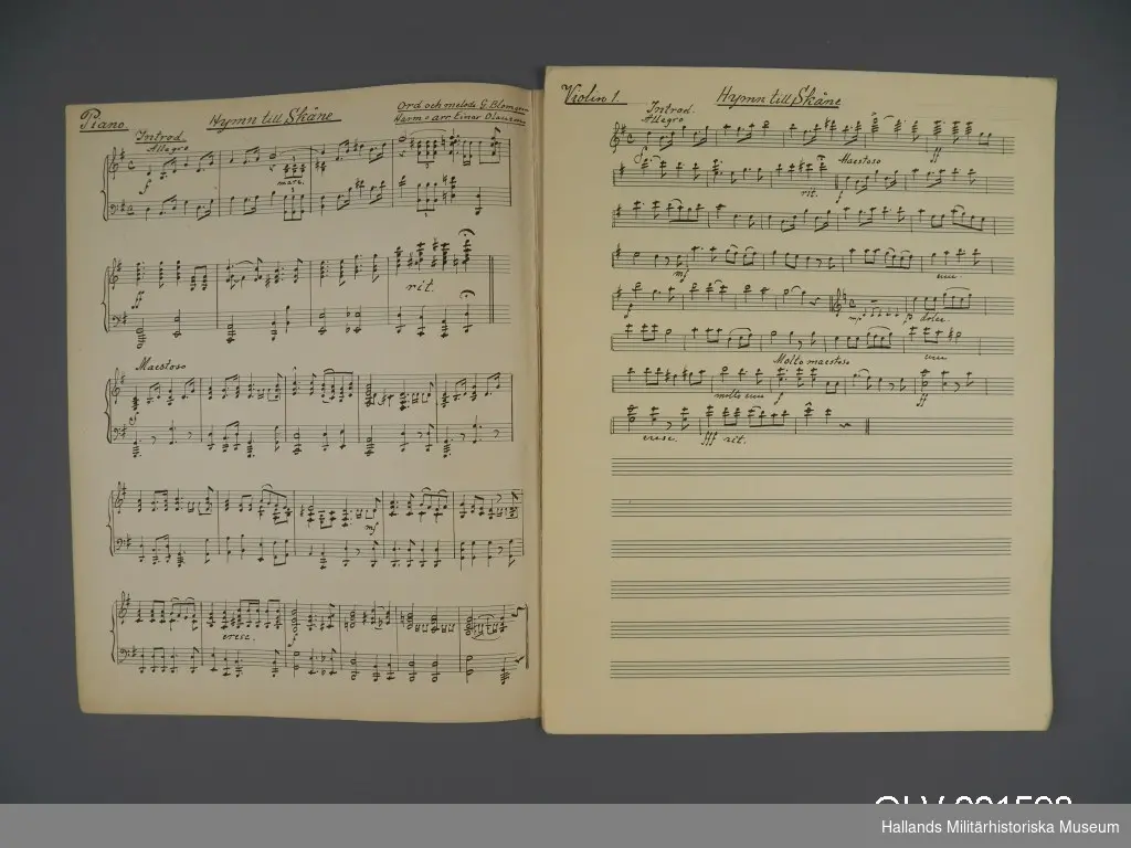 Arrangemang för piano, violin 1, violin 2-3, cello och clar. In B. Sex sidor handskrivna notblad.