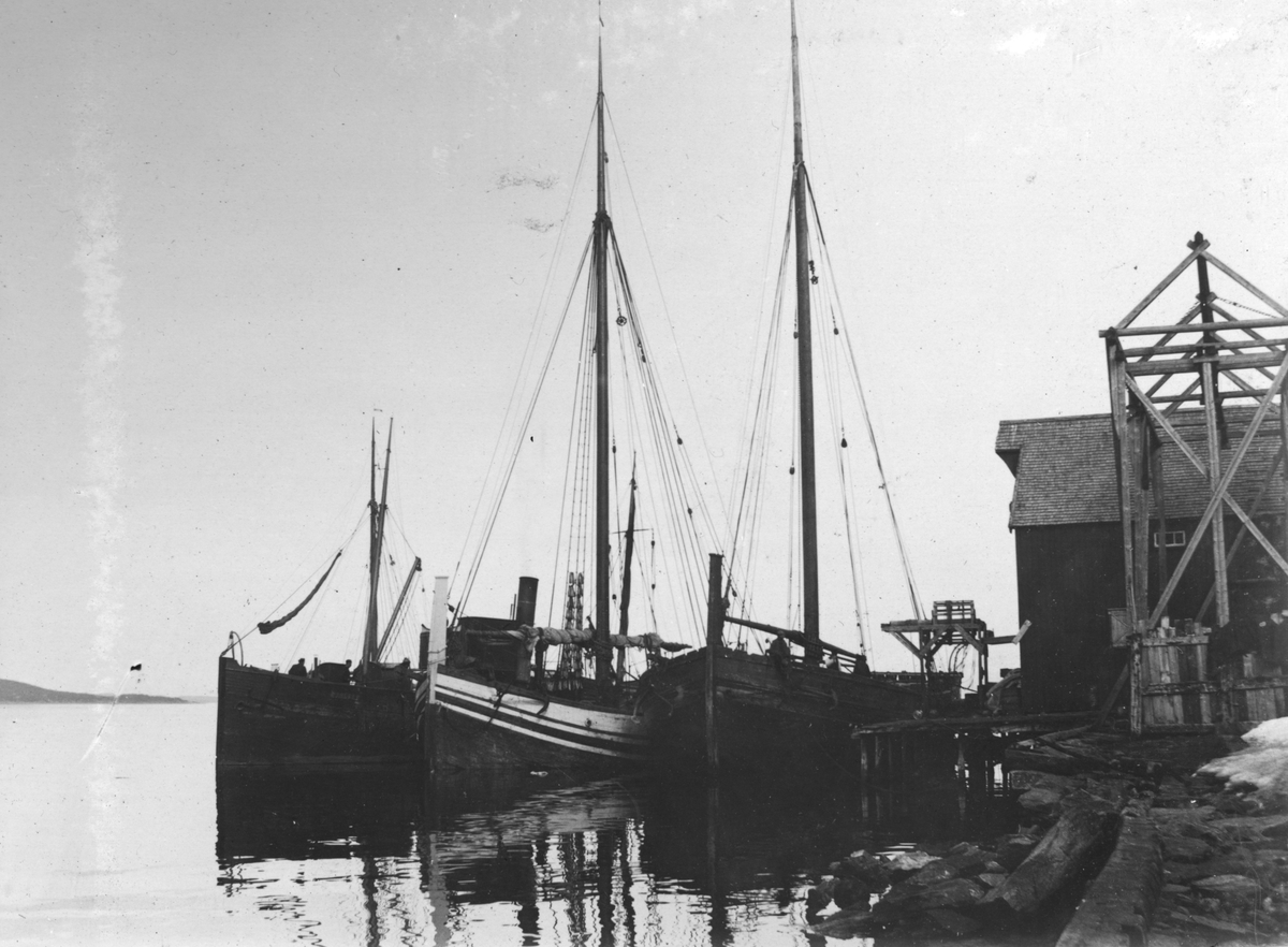 Dampskip og to jekter ved Holstbrygga i Samasjøen.