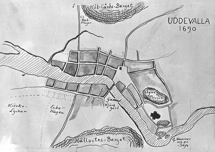 "Det gamla Uddevalla".
Akvarell över inre hamnen med bebyggelse i Uddevalla.