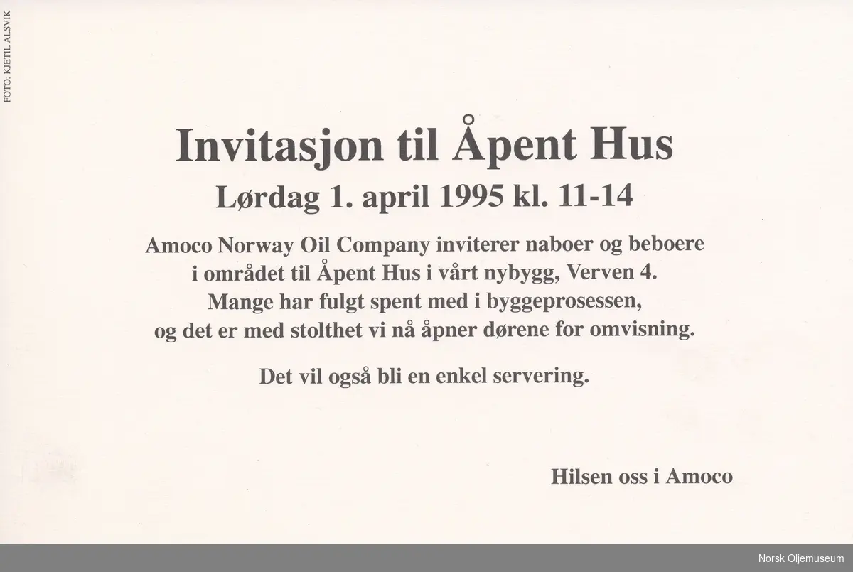 Invitasjon til Åpent Hus i nybygget til Amoco. Det nye kontorlokalet lå ved Bekhuskaien på Verven i Stavanger.