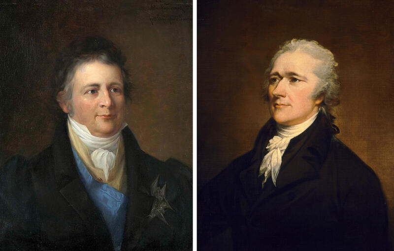 Herman Wedel Jarlsberg (1779–1840) og Alexander Hamilton (1755-1804).  Portretter malt av Knud Bergslien, ca. 1854 (Eidsvoll 1814) og av John Trumbull, 1804 (National Portrait Gallery, Smithso¬nian Institution). (Foto/Photo)