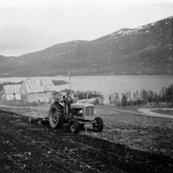 Mann kjører traktor med skålharv på et jorde.