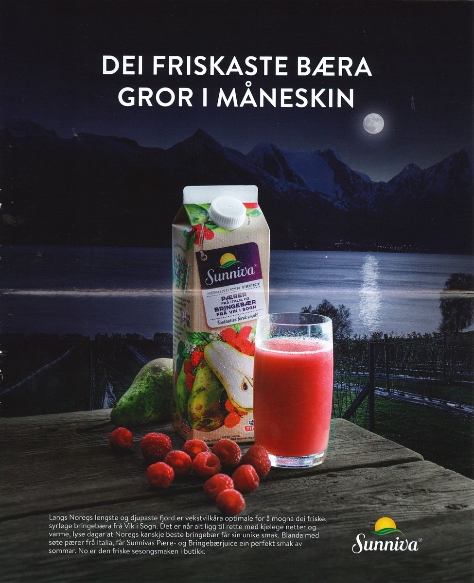 To utklipte reklameark for Tine og Sunniva. Reklamearka er på nynorsk, og det er reklame for mjølkeprodukt og juice.