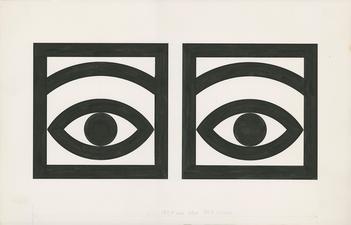 Originalskiss för Mazetti ögonkakao från 1950-talet.

Vit bakgrund med svart tryck av Mazettis logotyp för ögonkakao som är illustrerad av Olle Eksell.
