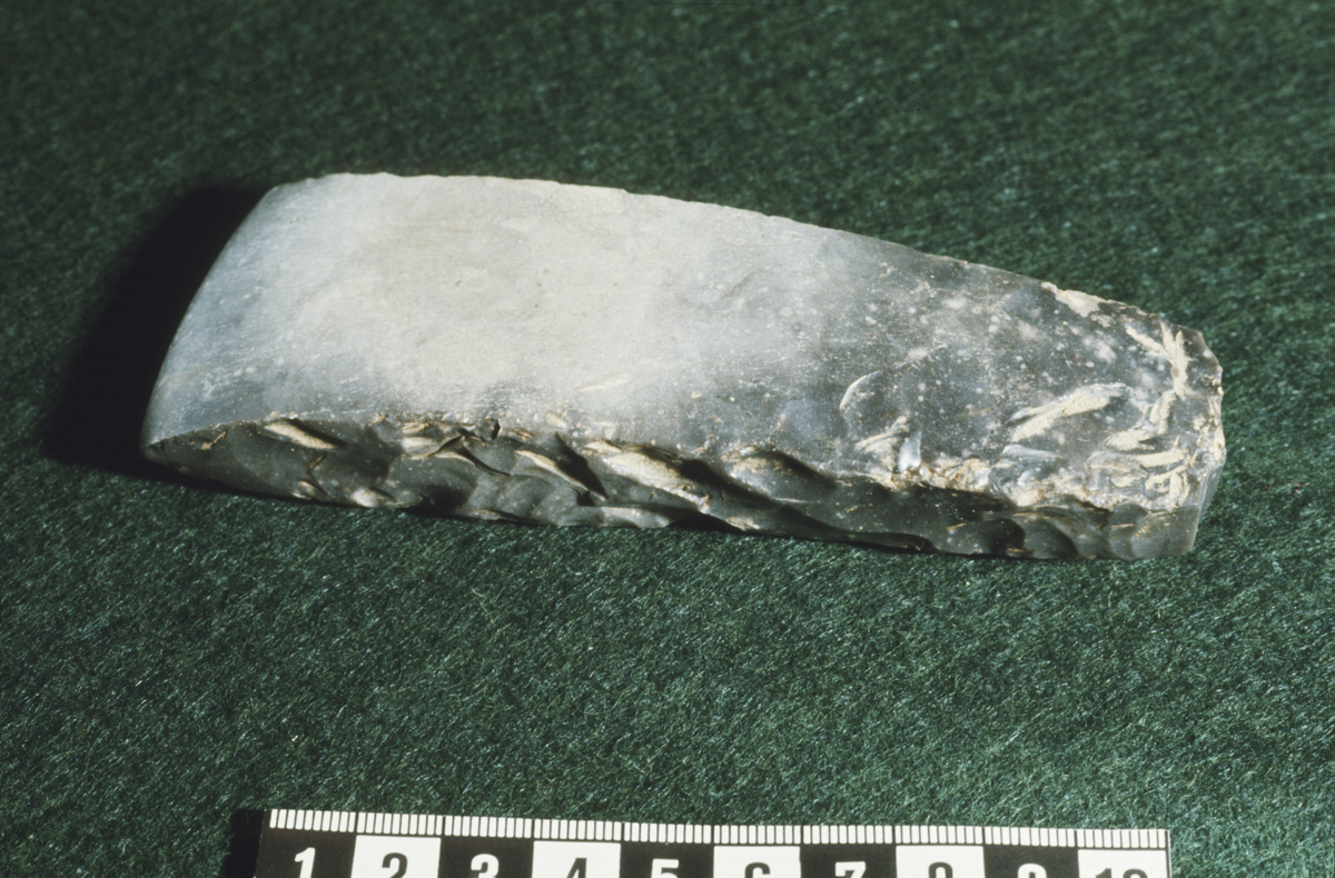 Opprinnelig katalogtekst: Tykknakket øks av mørk grå flint, sl. Gjessing l. c. fig. 89. Pent eksemplar, 13 cm l., største bredde i eggen 4,6 cm. Slepet på begge bredsidene. 
Ny beskrivelse etter revisjon: Tykknakket øks av flint, nærmest Lindø-typen (Vang Petersen 1993) med en nakkeindeks på 67%. Tverrsnittet er skarpt firsidig med svakt hvelvede bredsider. Øksen er tilslått på smalsidene og slipt på bredsidene. Øksen er et velbevart eksemplar.