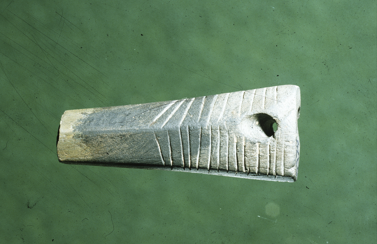 "2274. Naalbryne eller hængesmykke af sleben skifer fra stenalderen (SMÅ 1900, fig. 12), 5,7 cm lang, 1,7 cm bred i den ene ende og 0,9 cm bred i den anden. Den har i den øvre halvdel en sekssidet fladtrykt tversnit. De brede sideflader er i den øvre halvdel forsiret med tætstaaende tverfurer. Oventil i topfladen er et rundt hul, der deler sig i to, der udmunder paa hver af de brede sider."
Meiselformet hengesmykke av skifer, Kleiva type 3, avbrudt på midten, slik at eggen mangler. Bærehullet er Y-formet, dvs. det er boret et konisk hull inn fra begge bredsider (skrått inn fra den ene siden), slik at hullet blir dobbeltkonisk. Dette hullet møter et annet hull som er boret inn fra toppen. Tverrsnittet på hals og midtstykket er flattrykt sekskantet. Halsen er dekorert med streker i fiskebensmønster. Stl.: 44 mm, stb.: 18 mm, stt.: 10 mm.