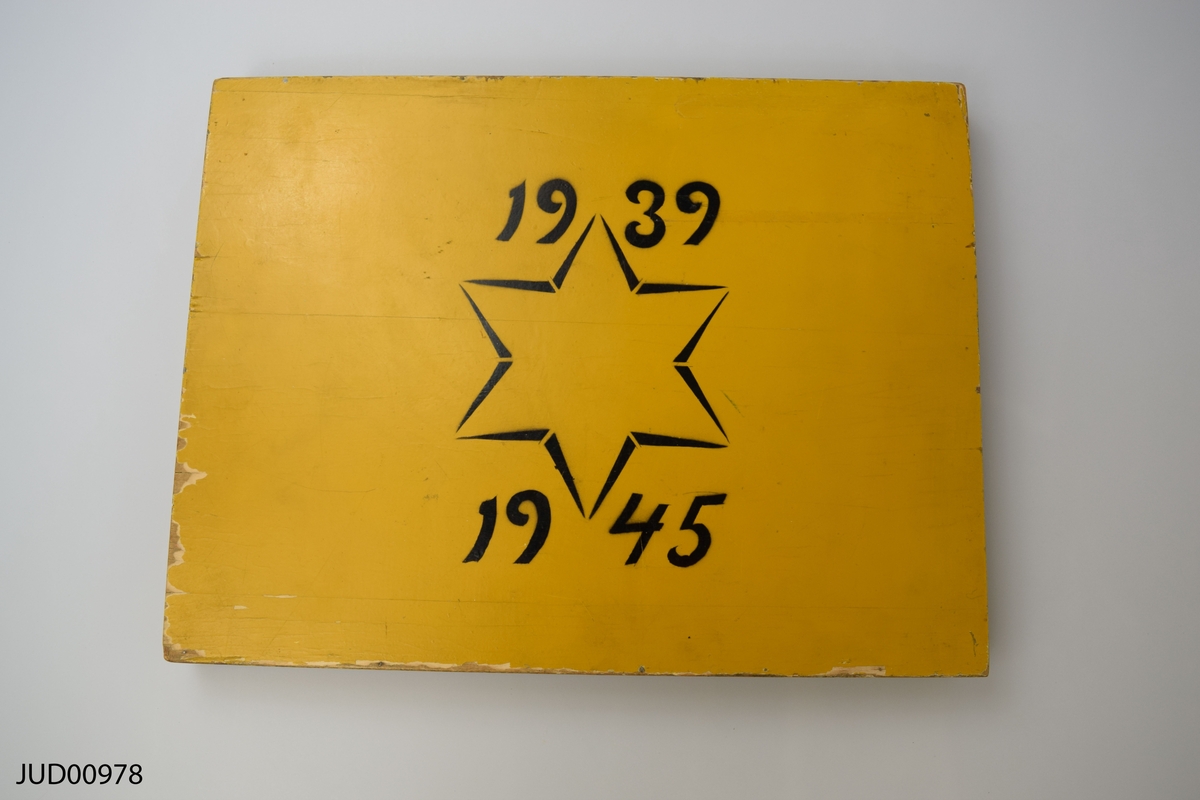 En gul trälåda målad i gult och davidsstjärna samt årtal, innehållande en minnesbok om Förintelsen.