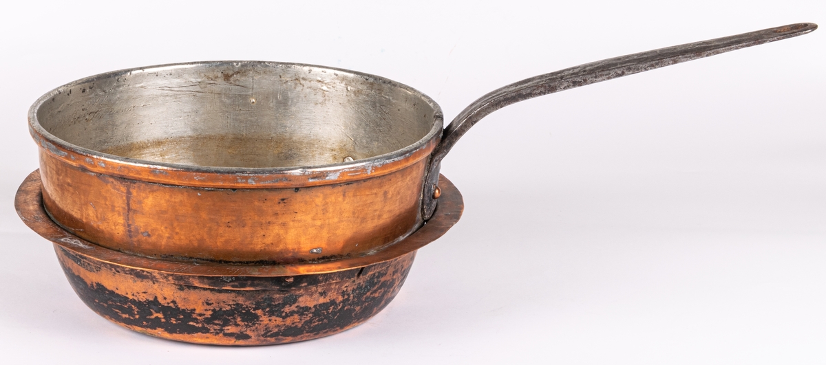 Kastrull eller kokgryta av koppar med rakt sidohandtag. Har kant nertill att sätta på spis med ringhål. Stämplad: W. Sandström Gefle MGS. Ristat: 1838. 24 Nov.