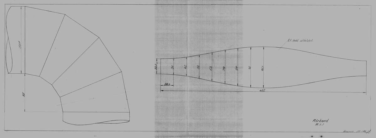 Arbeidstegning på kalkerpapir av rørbend - dobbeltegning (original)
Skala 1:1
Krossen 28-1-46
Format A3 x 2