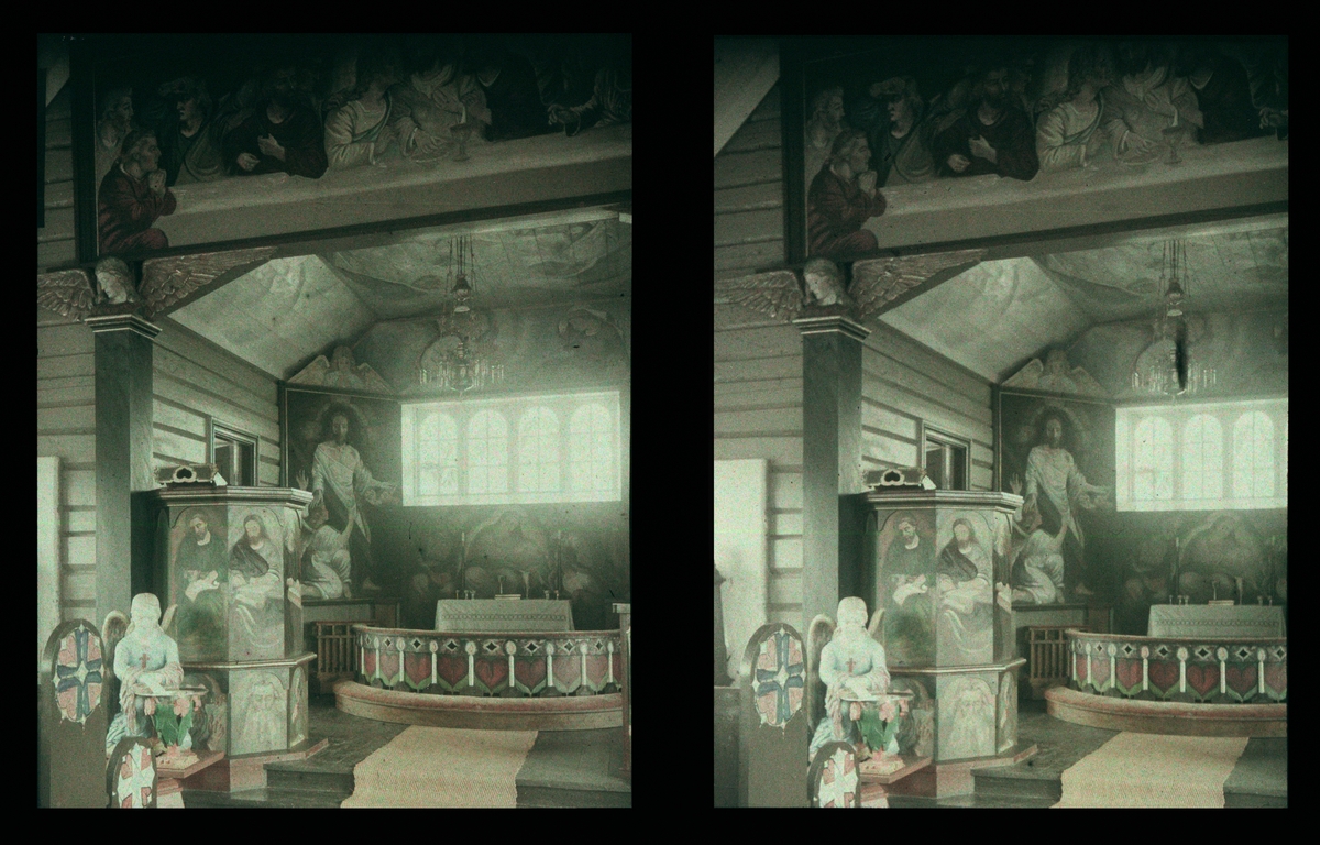 Møsstrond kirke på Hovdenøya. Interiør, koret med alter. Tilhører Arkitekt Hans Grendahls samling av stereobilder.