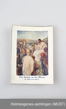 Bedekort med bilde av Jesus og tittel "The sermon on the Mount, St. Matt. 5:5 and 7