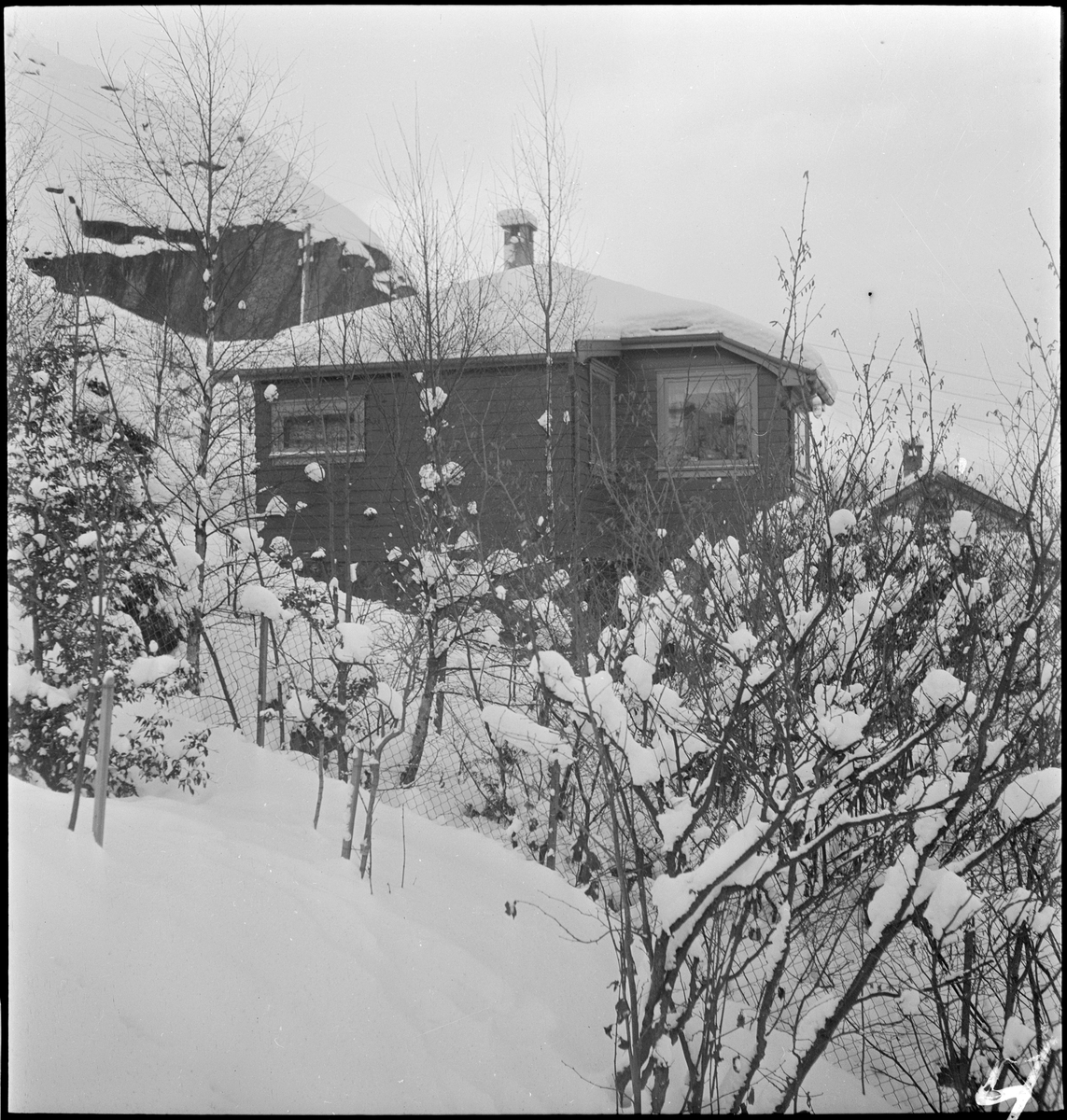 Bilder av bolighus dekket med snø.