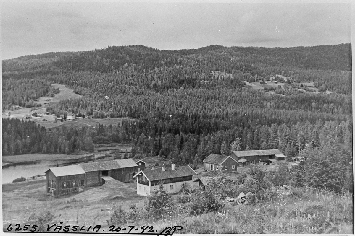 Utsiktsbilde med Vasslien i forgrunnen. Rud er til venstre i bakgrunnen, og på høyre side er Nordli på Grenskogen. Fotografert 1942. 