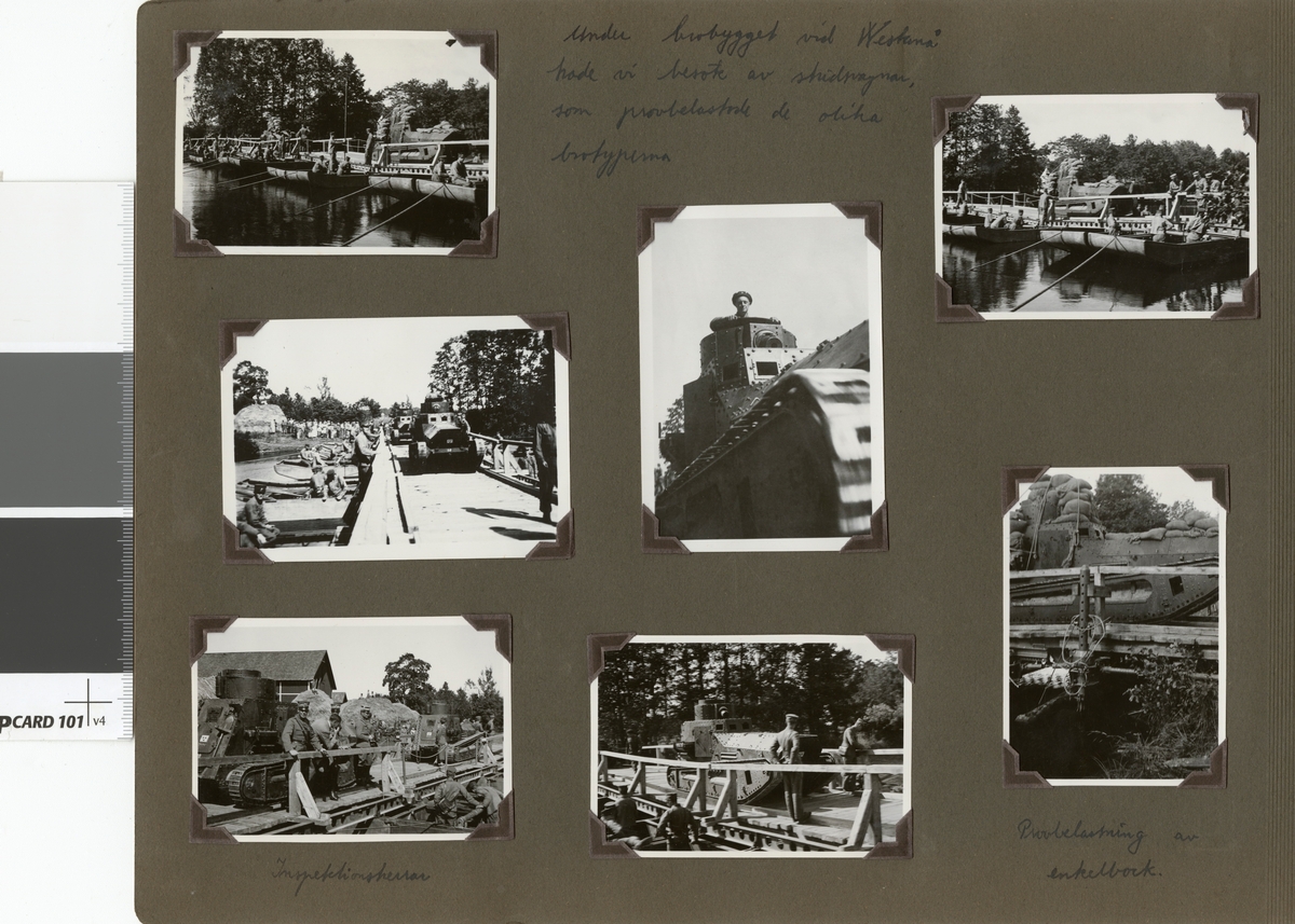 Text i fotoalbum: "Under brobygget vid Westanå hade vi besök av stridsvagnar, som provbelastade de olika brotyperna".
