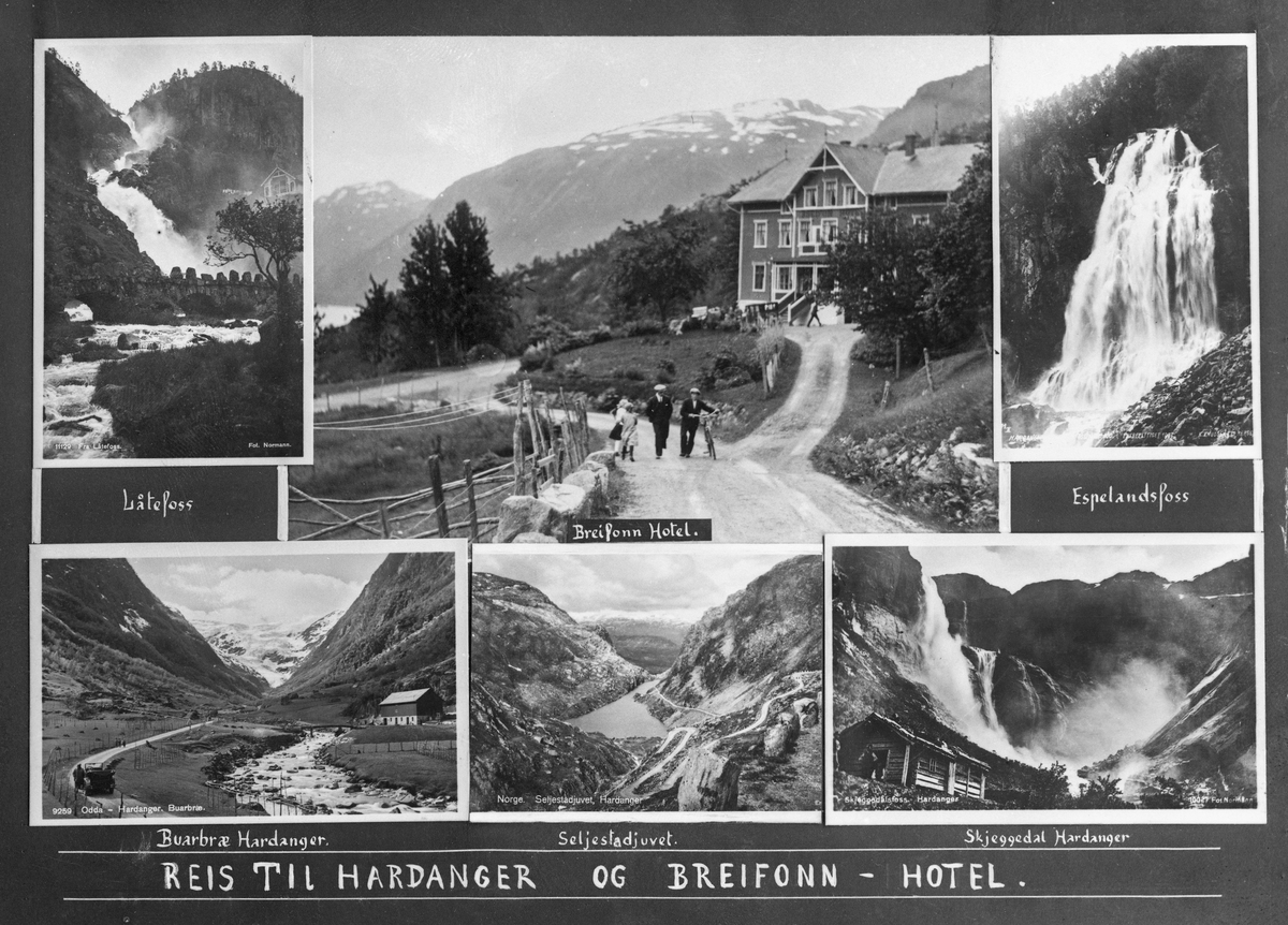 Postkort frå Odda, Hardanger. Sett saman av seks bilete av hus og stader i Odda.